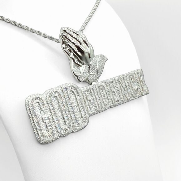 14K White Gold Finish Godfidence - Free 24inch x 3mm Rope Chain. - Picture 5 of 8